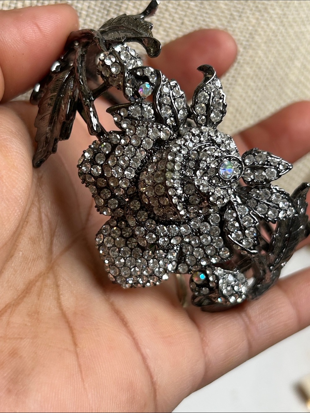 Crystal Floral Statement Bracelet - Gunmetal and Clear Rhinestones